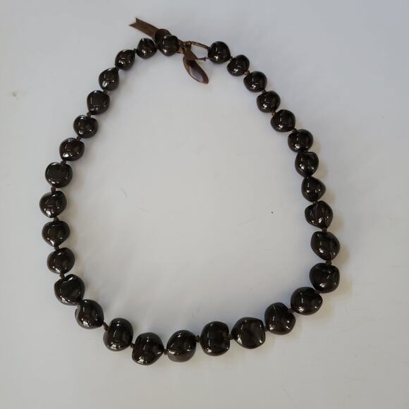Chunky Brown Shell Necklace Natural Bead Jewelry with Ribbon Tie Boho Statement - Picture 2 of 10